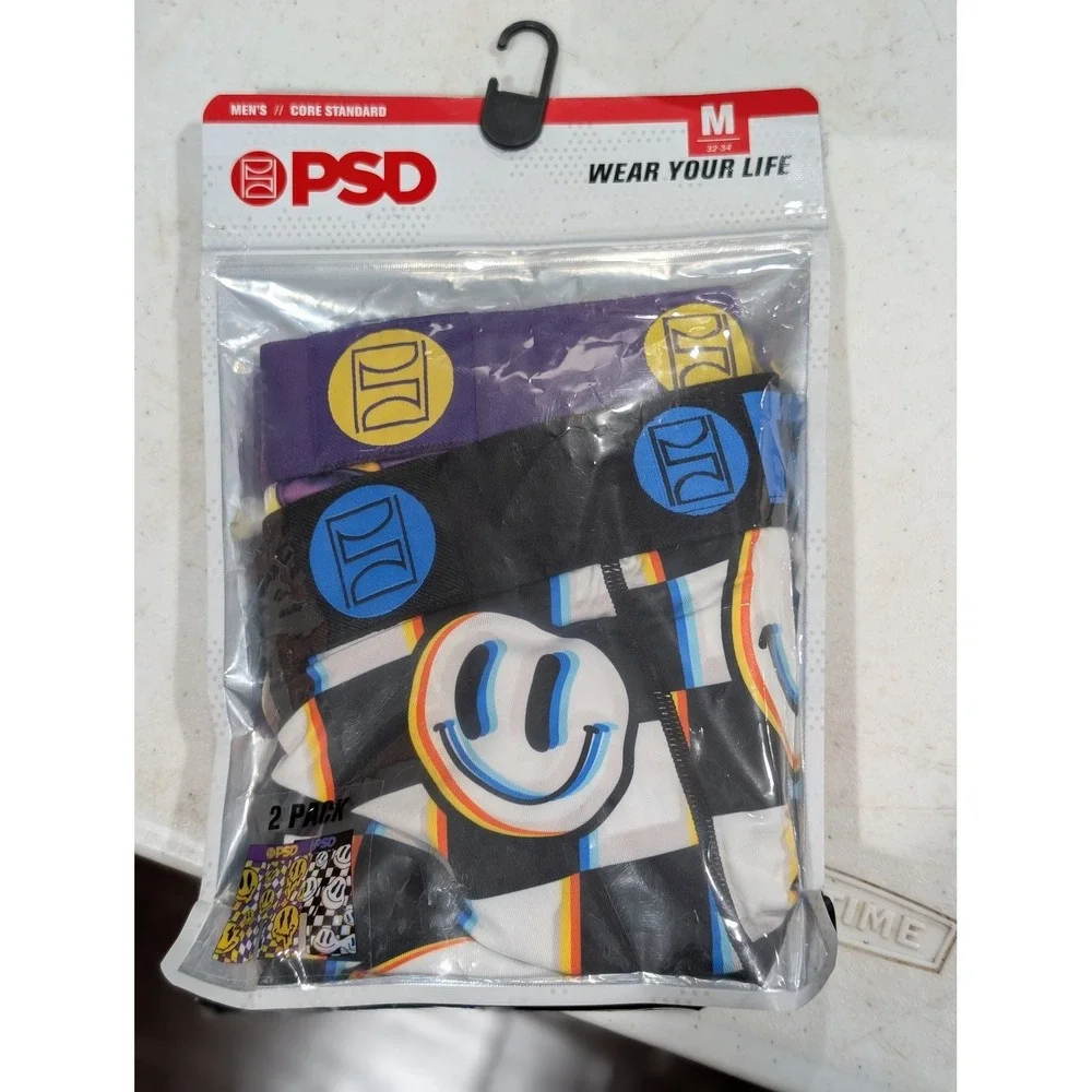 PSD Mens 2 Pack Boxer Briefs Core Standard Smiley Face Glitch Purple Size Medium